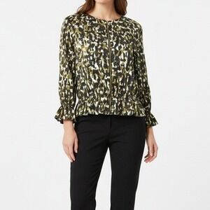 Marc New York Andrew Marc Olive Green Camo Animal Print Zip Front Peplum Top S